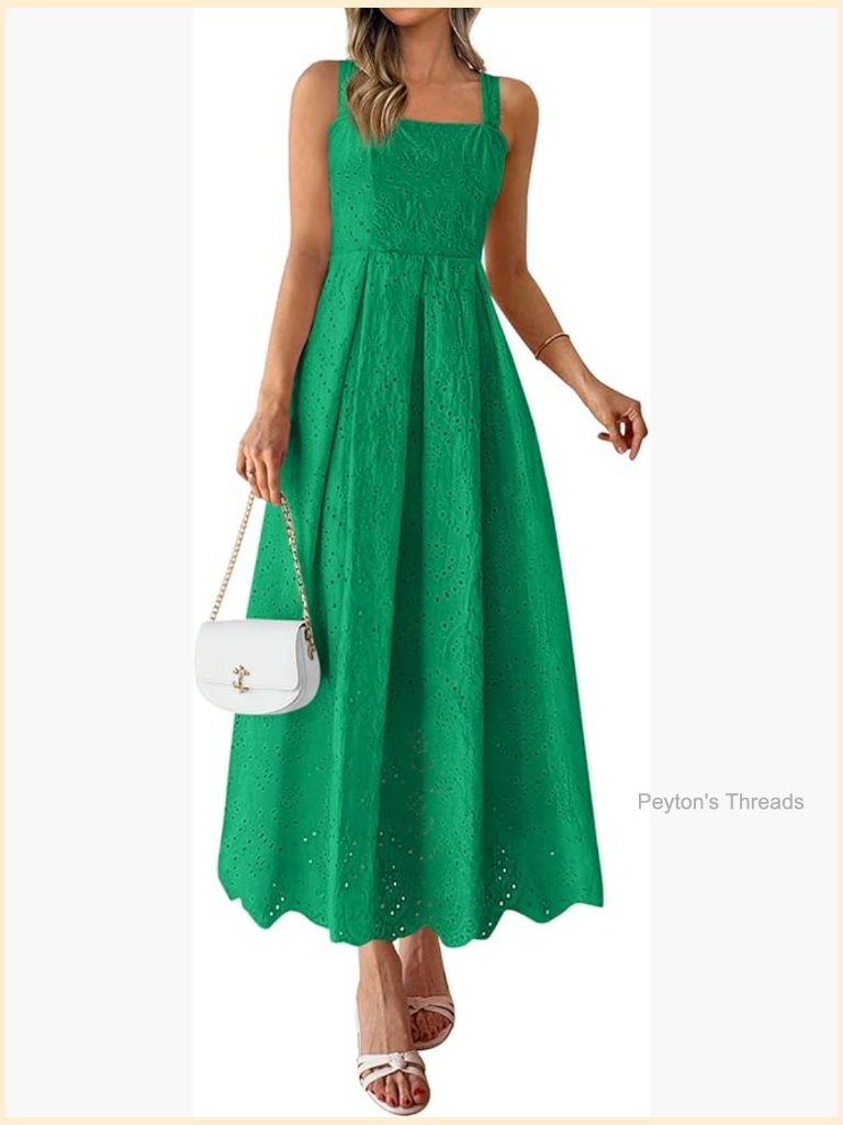 Sleeveless Maxi Sundress With Eyelet Embroidery Square Neck Ruffle Flowy Beach